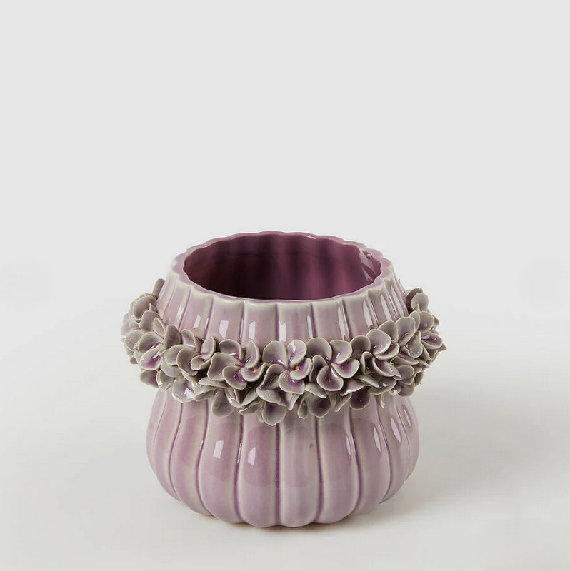 Vaso in ceramica con ghirlanda floreale viola, impermeabile